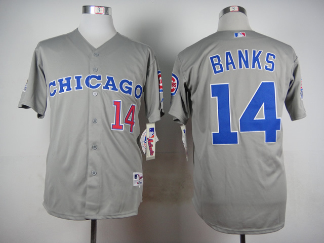 Men Chicago Cubs #14 Banks Grey Throwback 1990 MLB Jerseys